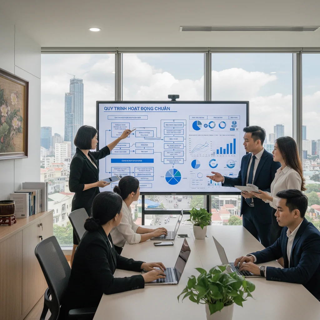 A photorealistic image depicting a professional Vietnamese business team in a modern office setting in Vietnam, collaboratively mapping out a structured workflow on a large whiteboard, symbolizing the building of standard operational processes, with elements like Hanoi skyline in the background, no children present, highly detailed and realistic.