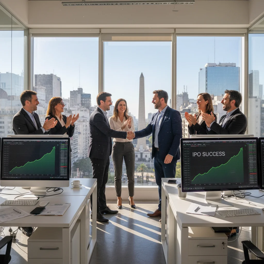 A photorealistic image depicting the benefits of implementing POE (Public Offering of Shares) in Argentine companies, showing a diverse group of professional adults in a modern Buenos Aires office celebrating business growth, with elements like rising stock charts on screens, successful team collaboration, and Argentine landmarks in the background, conveying prosperity and innovation without focusing on documents.