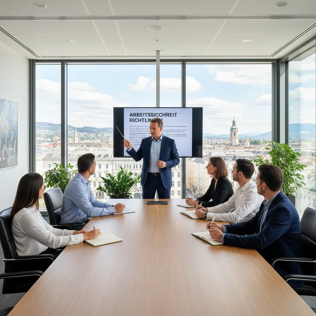 A photorealistic image of a professional business meeting in an Austrian office setting, where a manager is discussing workplace safety procedures with adult employees around a conference table, symbolizing the creation and implementation of operational instructions under Austrian labor law. The atmosphere is collaborative and focused, with modern office elements in the background, evoking compliance and organization in the workplace.