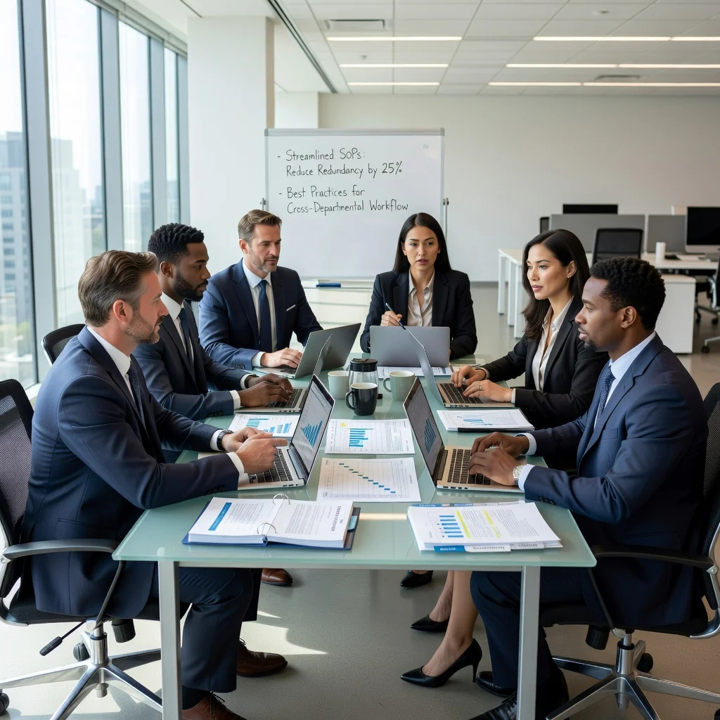 A photorealistic image of a diverse group of adult professionals in a modern US office environment, collaboratively reviewing and implementing standard operating procedures on digital tablets and whiteboards, symbolizing efficiency and organization in business operations, with no children present.