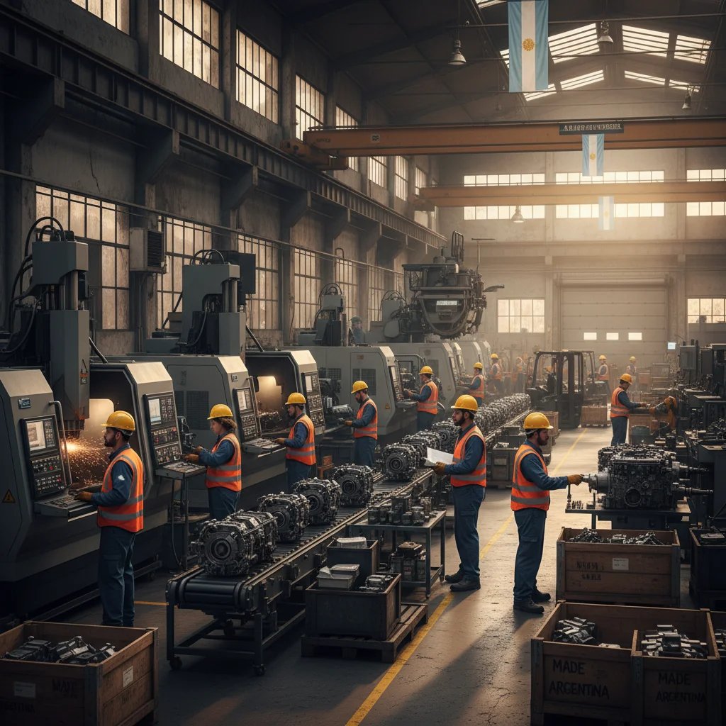 A photorealistic image of adult industrial workers in a modern Argentine factory setting, collaborating on a machinery assembly line with safety gear, emphasizing efficiency and standard procedures, no children present.