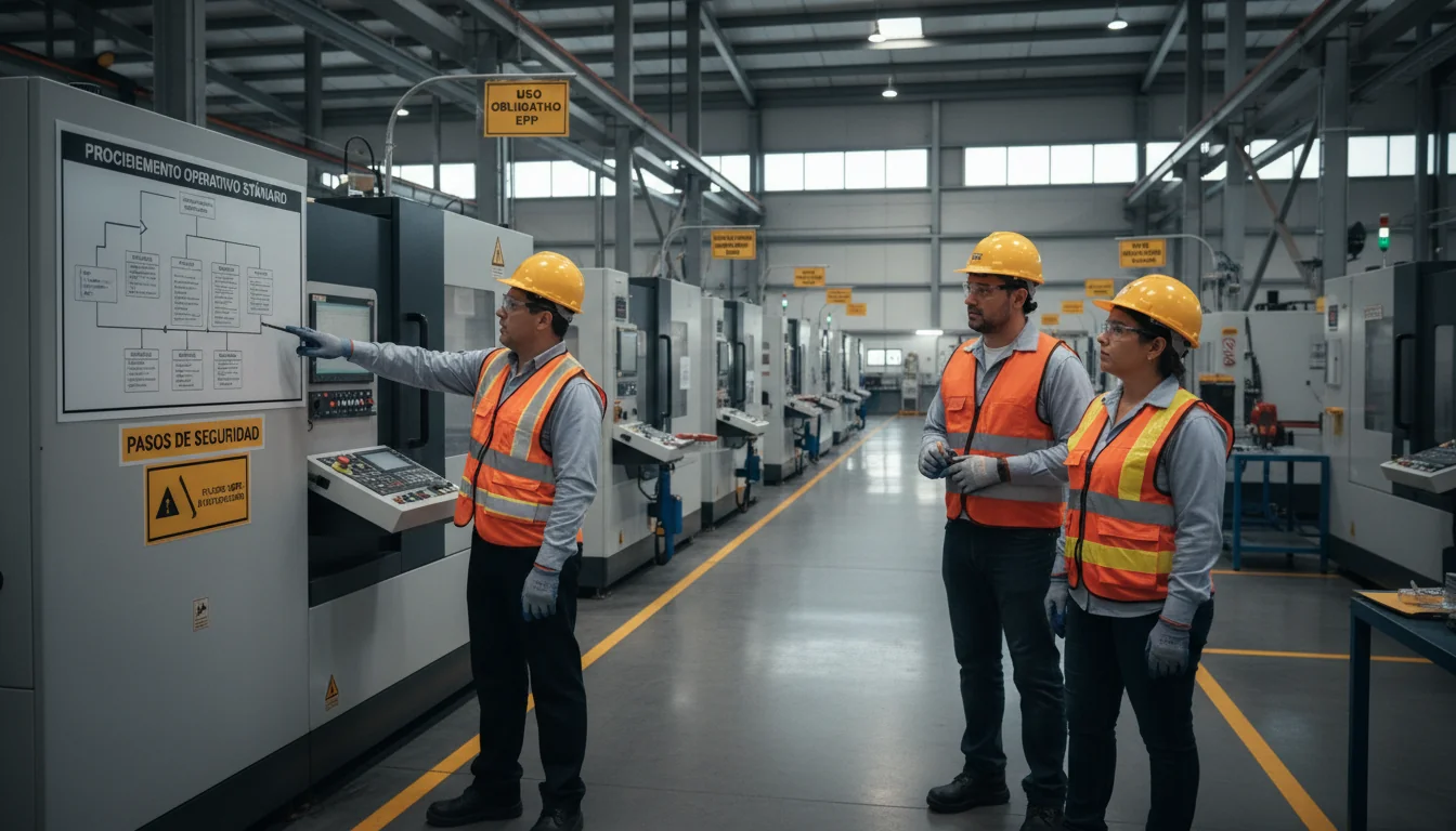 Workers following safety SOP in factory