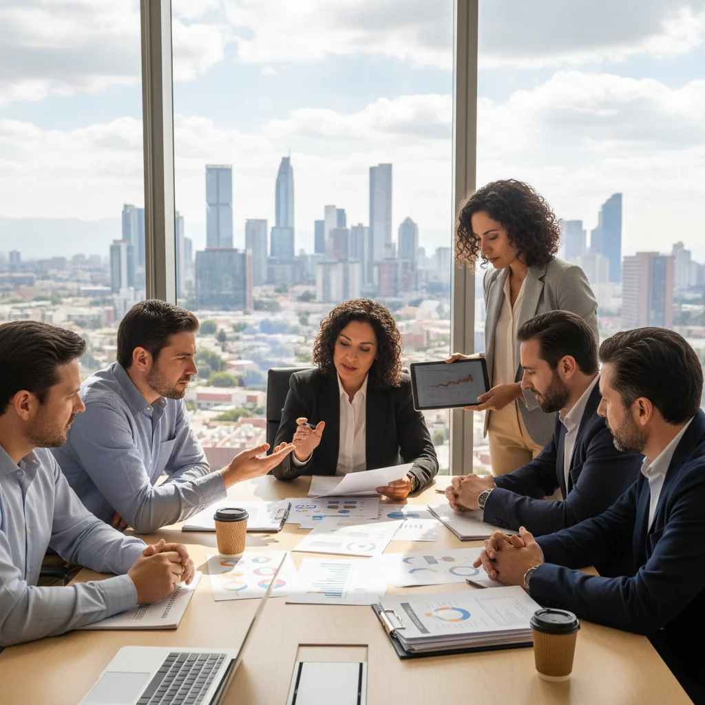 A photorealistic image of a diverse group of professional adults in a modern Mexican office setting, collaboratively reviewing and organizing standardized operational procedures on digital tablets and clipboards, symbolizing efficiency and compliance in business operations, with subtle Mexican cultural elements like vibrant colors or office decor in the background, no children present.