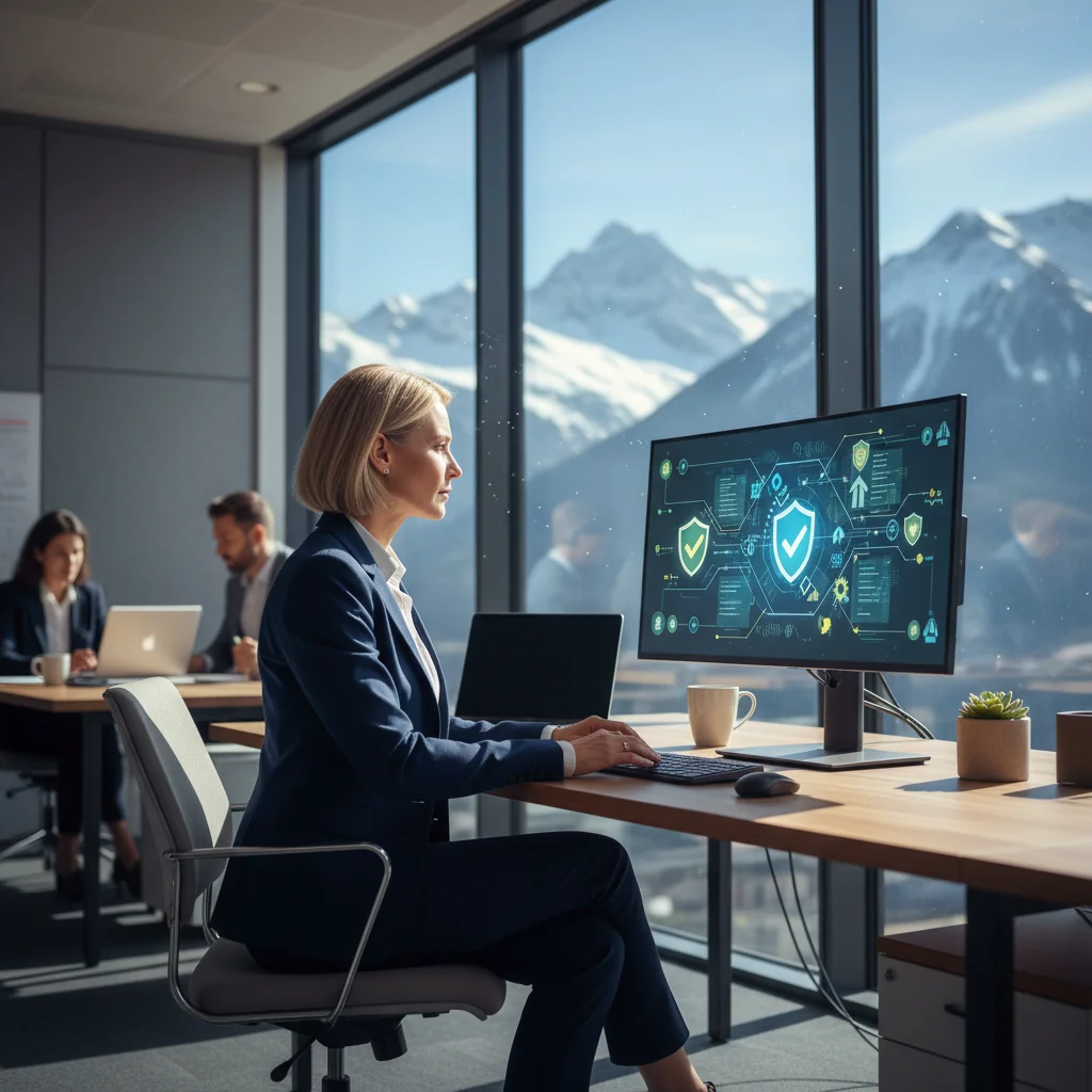 A photorealistic image depicting a professional compliance officer in a modern Swiss office, reviewing safety protocols on a computer screen, with Swiss Alps visible through the window, symbolizing legal adherence to workplace instructions without showing any documents or children.