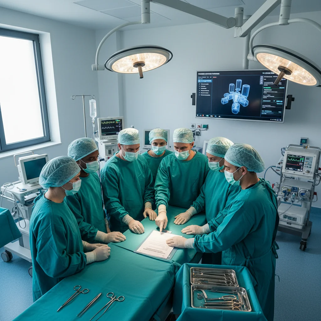 A photorealistic image of a professional medical team in a modern French hospital operating room, wearing surgical scrubs and masks, meticulously reviewing a standardized procedure checklist on a digital tablet before performing a surgery, emphasizing precision and safety in healthcare protocols, no children present.
