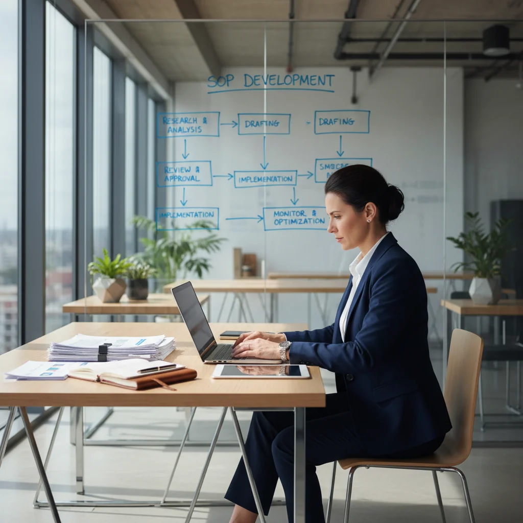 A photorealistic image of a professional adult in a modern office setting, meticulously reviewing and organizing standardized operational procedures on a computer, symbolizing efficiency and clarity in business processes, with no children present.