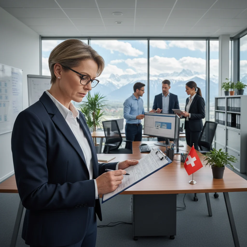 A photorealistic image of a professional workplace setting in Switzerland, featuring an adult employee in business attire reviewing safety protocols on a clipboard in a modern office environment, symbolizing the implementation of operational instructions in a company, with Swiss Alps visible through the window in the background.