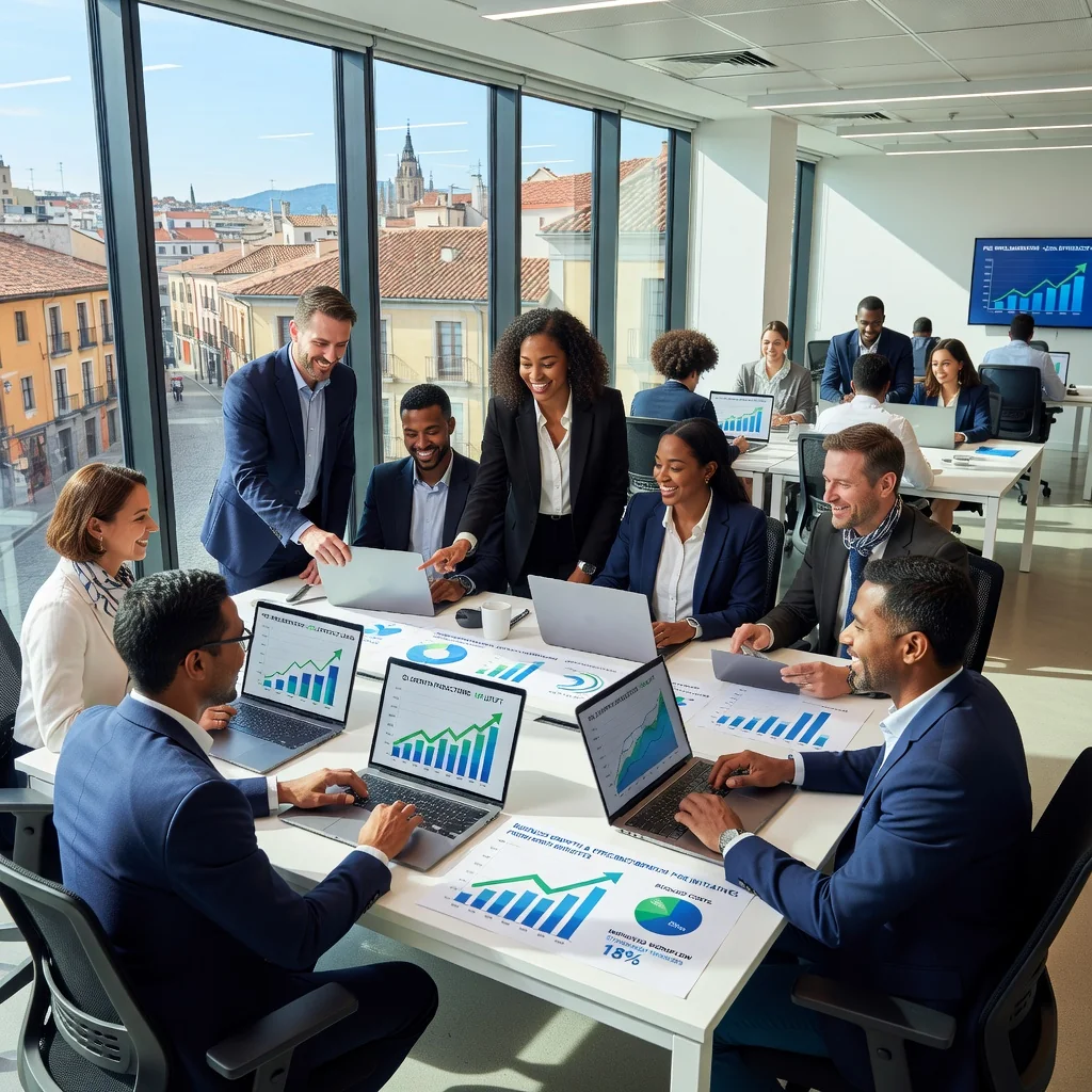 A photorealistic image depicting the benefits of implementing POE (Punto de Encuentro or similar business initiative) in Spanish companies, showing diverse adult professionals in a modern Spanish office environment collaborating successfully, with elements like improved efficiency and growth symbolized by positive team interactions, no children present.