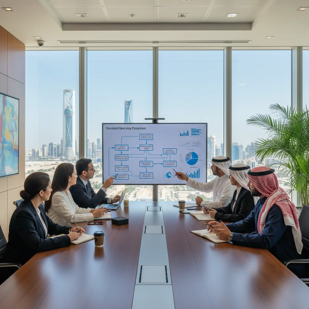 A photorealistic image of a professional team in a modern Saudi Arabian office setting, collaboratively reviewing a standard operating procedure document on a large screen, symbolizing efficiency and compliance in business operations. The scene includes diverse adult professionals in business attire, with subtle Saudi cultural elements like traditional patterns in the decor, ensuring a focus on workplace standardization and importance.