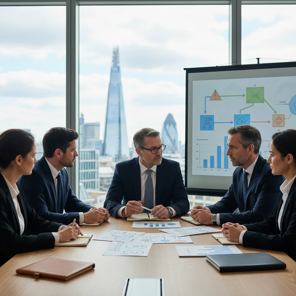 A photorealistic image depicting a professional business meeting in a modern UK office, where a diverse group of adults is discussing compliance and legal standards, symbolizing the importance of Standard Operating Procedures (SOPs) in a corporate environment. The scene includes professionals reviewing documents on a table with subtle UK elements like a Union Jack flag in the background, conveying organization, regulation, and professionalism.