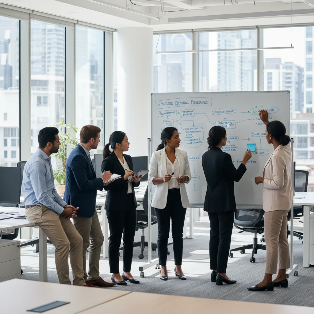A photorealistic image depicting a professional business meeting in a modern Australian office, with adults reviewing standard operating procedures on a whiteboard, symbolizing organization and efficiency in workplace processes.