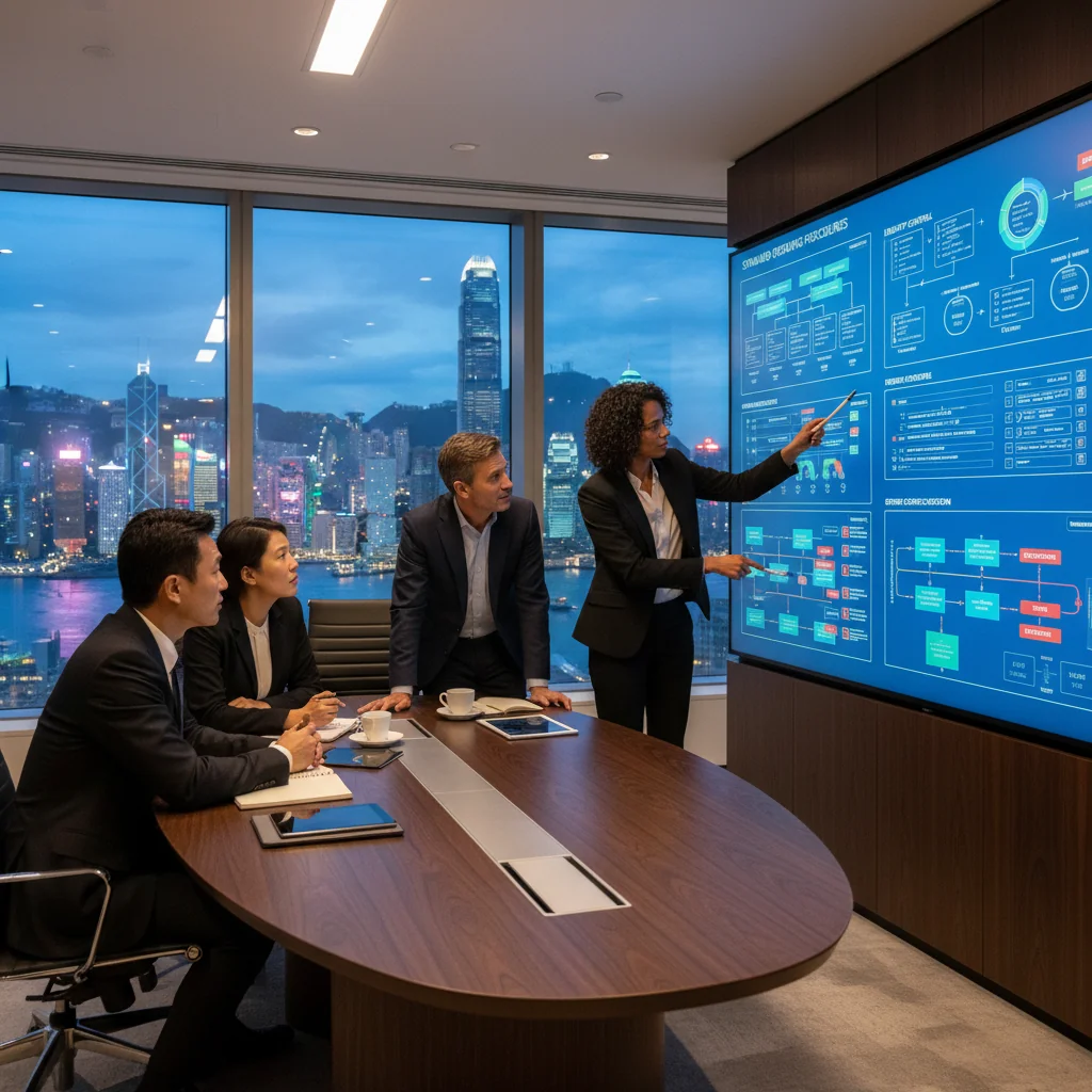 A photorealistic image depicting a professional business meeting in a modern Hong Kong office, where a diverse group of adult professionals is collaboratively reviewing and improving standard operating procedures on a large screen, symbolizing error correction and enhancement in business processes, with iconic Hong Kong skyline visible through the window in the background.