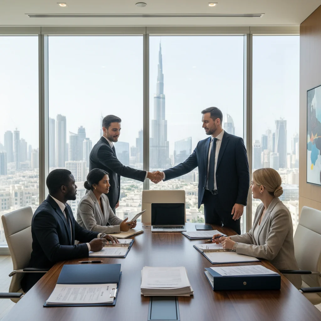 A photorealistic image of a professional business meeting in a modern UAE office, with diverse adult executives shaking hands over a conference table, symbolizing standard corporate procedures in the United Arab Emirates, no children present.