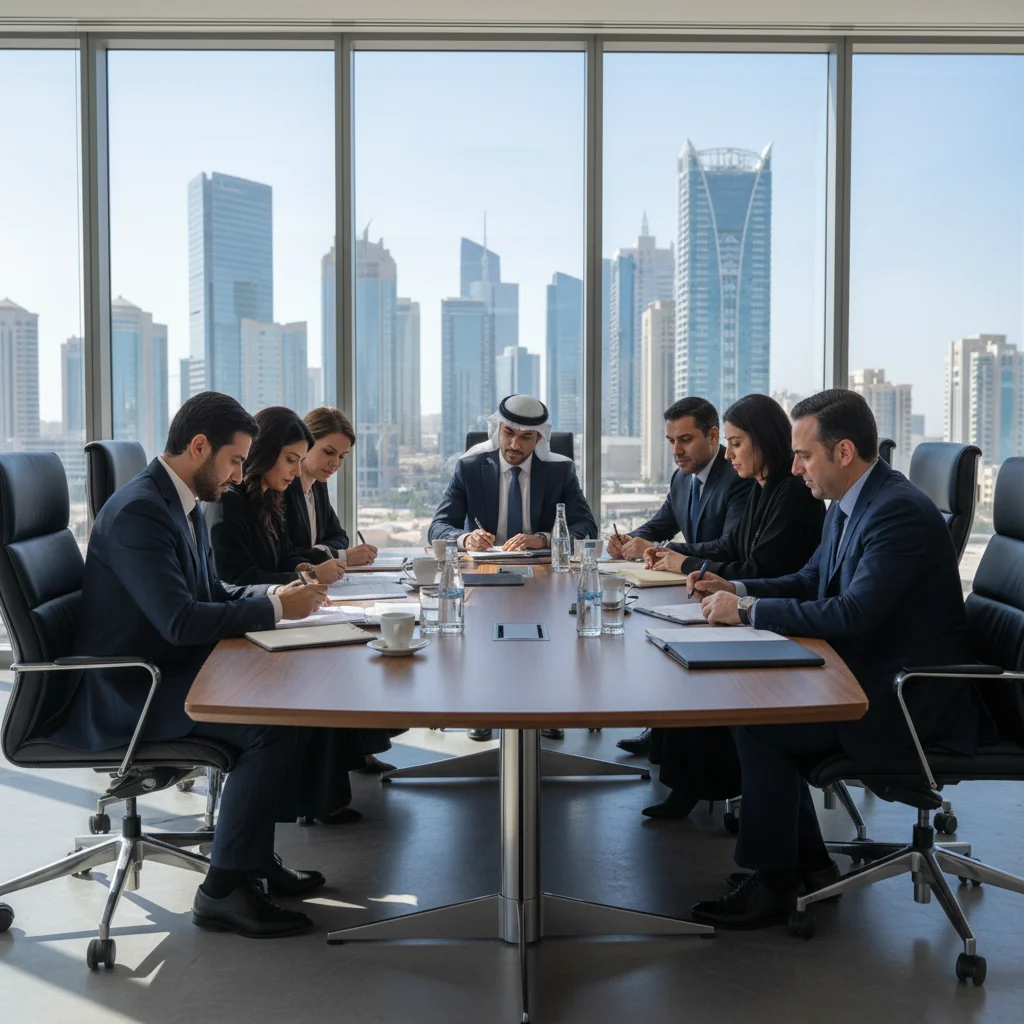A professional photorealistic image depicting a diverse group of adult business executives in a modern Saudi Arabian corporate office, engaged in a formal meeting around a conference table, reviewing documents collaboratively, symbolizing the standardized process of handling corporate documents. The scene includes elements of Saudi culture such as traditional attire blended with business suits, with a cityscape view of Riyadh in the background through large windows, conveying efficiency and compliance in business operations. No children are present in the image.