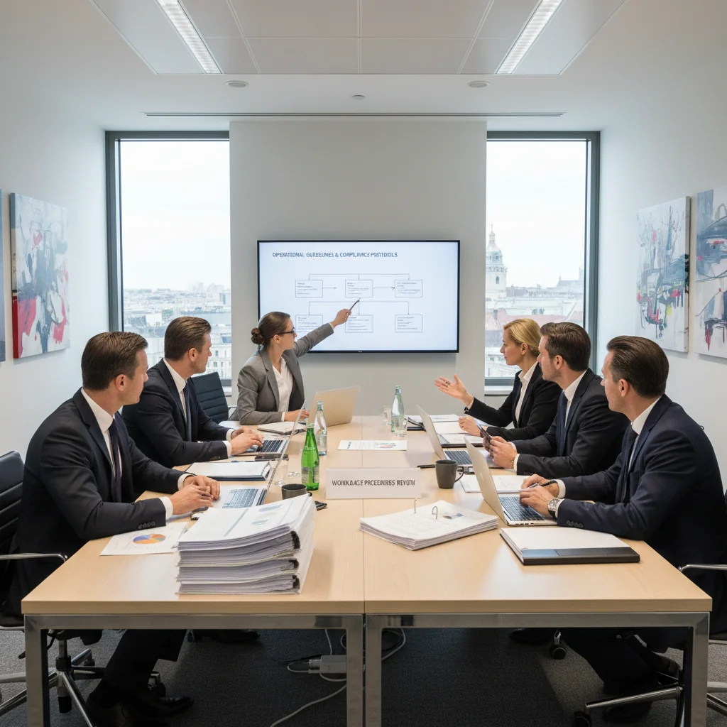 A photorealistic image of a professional business meeting in a modern Austrian corporate office, with adults discussing operational procedures around a conference table, symbolizing the purpose of Betriebsanweisung documents in ensuring workplace safety and efficiency. No children are present.