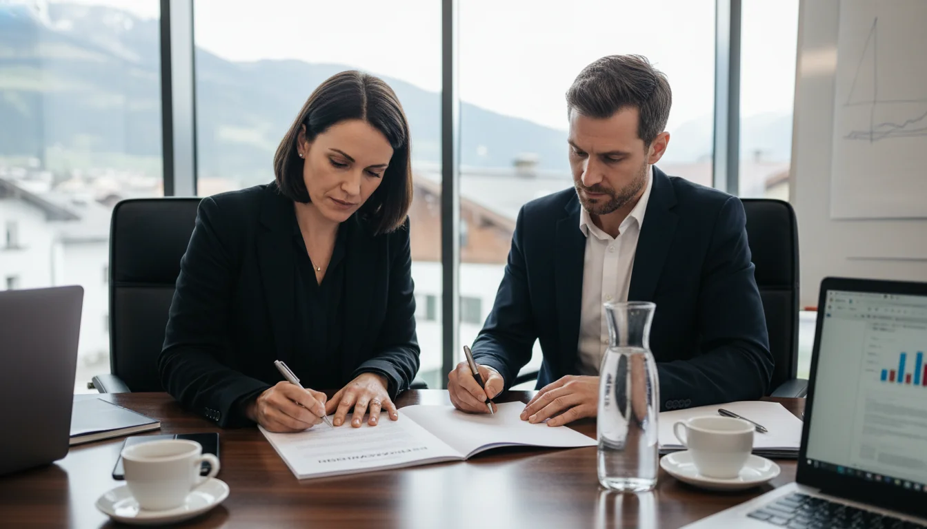 Signing Betriebsanweisung documents in meeting