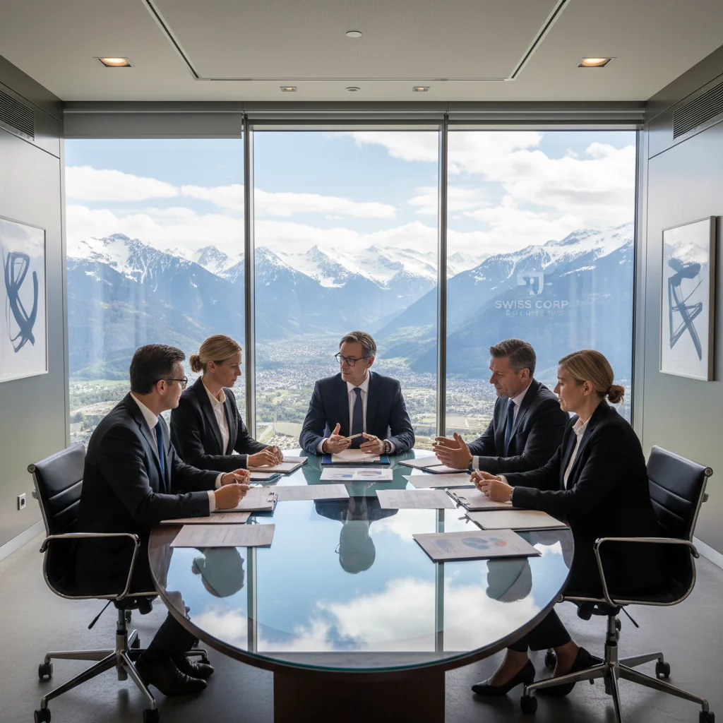A photorealistic image of a professional business meeting in a modern Swiss corporate office, with adults in business attire discussing documents around a conference table, overlooking the Swiss Alps through large windows, symbolizing compliance and operational guidelines in a Swiss company setting.