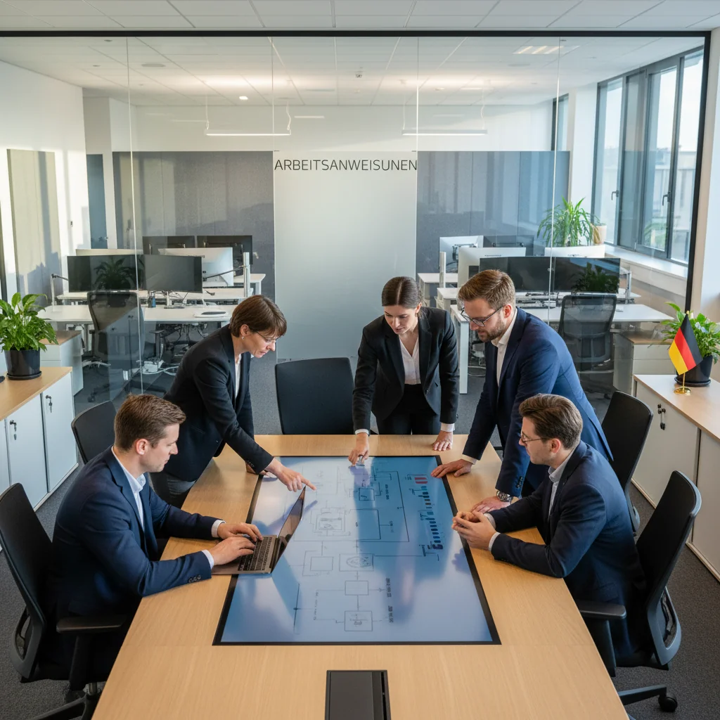 A professional office environment in a modern German corporate setting, showing a diverse group of adult business professionals collaborating on a work instruction document. The scene captures the essence of clear procedural guidelines in a workplace, with adults only, emphasizing efficiency and compliance in a business context.