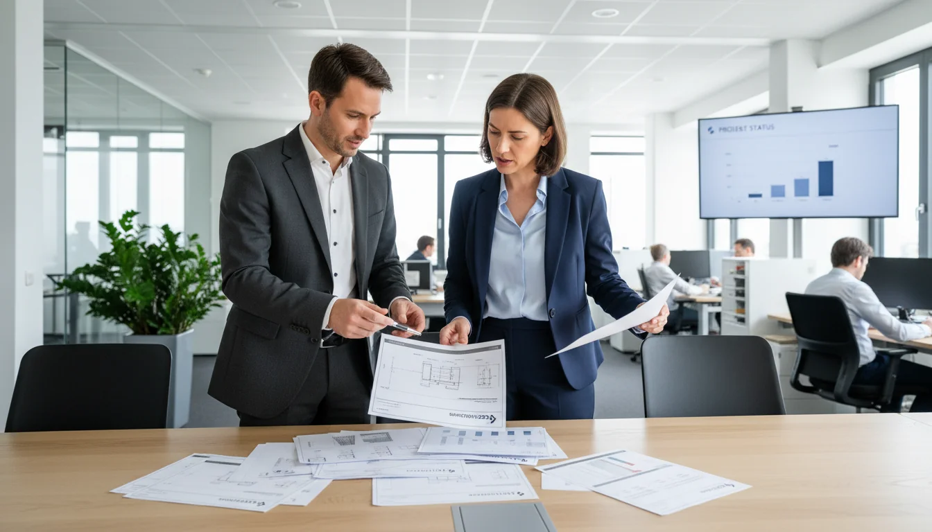 German office workers discussing procedures