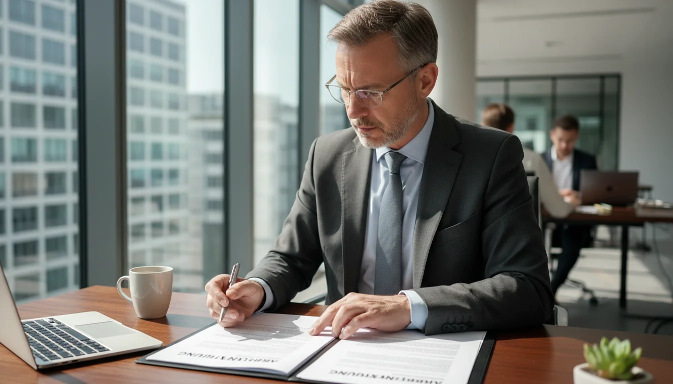 Professional reviewing corporate document