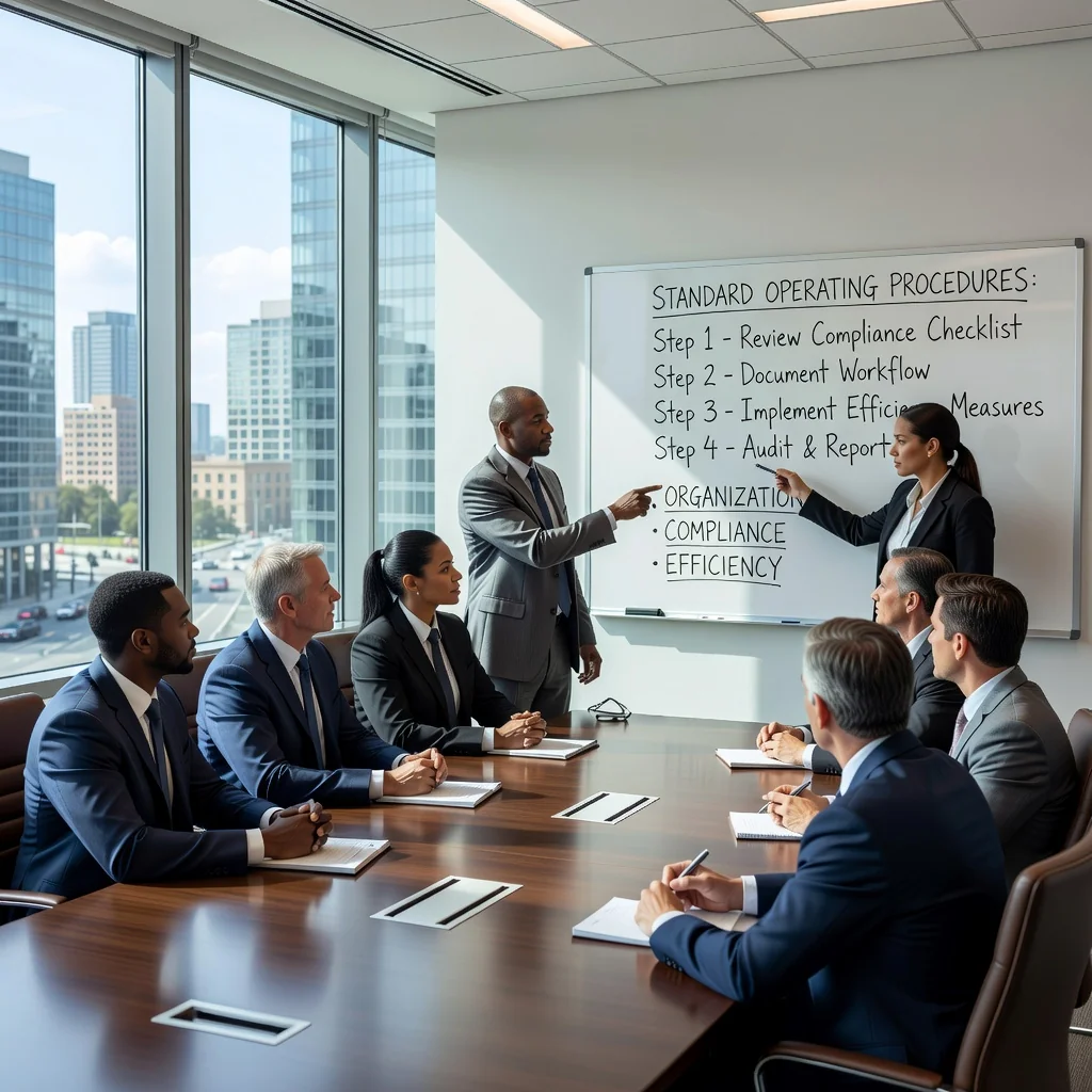 A photorealistic image of a professional business meeting in a modern corporate office in the United States, showing a diverse group of adults discussing and reviewing standard operating procedures on a whiteboard, symbolizing organization and efficiency in business operations. No children are present in the image.