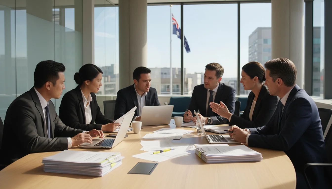 Professional team reviewing SOP documents