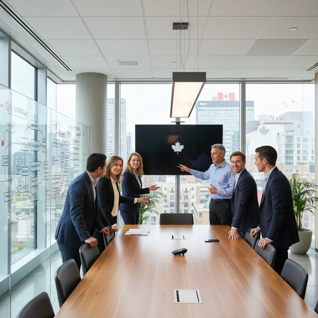 A professional office environment in a Canadian corporate setting, featuring diverse adult business professionals in a meeting room, reviewing procedures on a whiteboard, symbolizing standardized operations and compliance. The scene captures teamwork, organization, and efficiency without showing any documents directly.