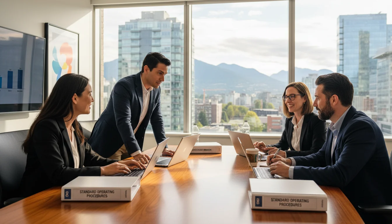 Team discussing corporate SOPs