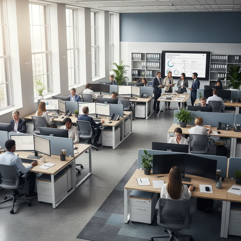 A professional office environment in a modern UK corporate setting, showing a diverse team of adults collaborating on business processes, symbolizing standardized operations and efficiency, with elements like organized desks, computers, and subtle British landmarks in the background.