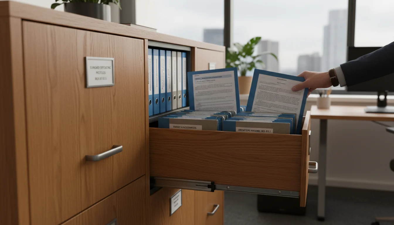 Filing cabinet with organized SOP binders