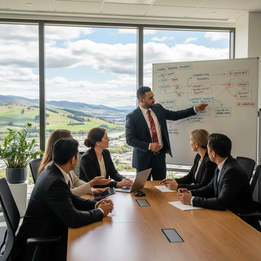 A photorealistic image of a professional business meeting in a modern New Zealand office, with adults discussing and reviewing standard operating procedures on a whiteboard, symbolizing efficiency and compliance in corporate operations, no children present.