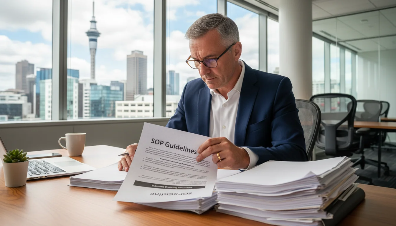 Professional reviewing SOP documents