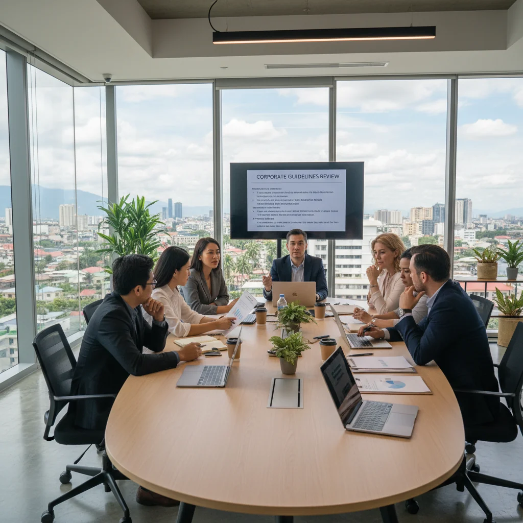 A photorealistic image of a professional business meeting in a modern Philippine corporate office, with diverse adult Filipino professionals discussing standard operating procedures around a conference table, emphasizing organization and efficiency in a business context, no children present.