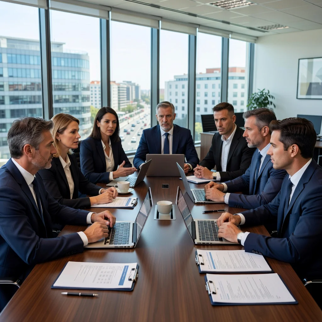 A professional business meeting in a modern Spanish corporate office, with diverse adults discussing standard operating procedures around a conference table, emphasizing efficiency and compliance in a Spanish business context.