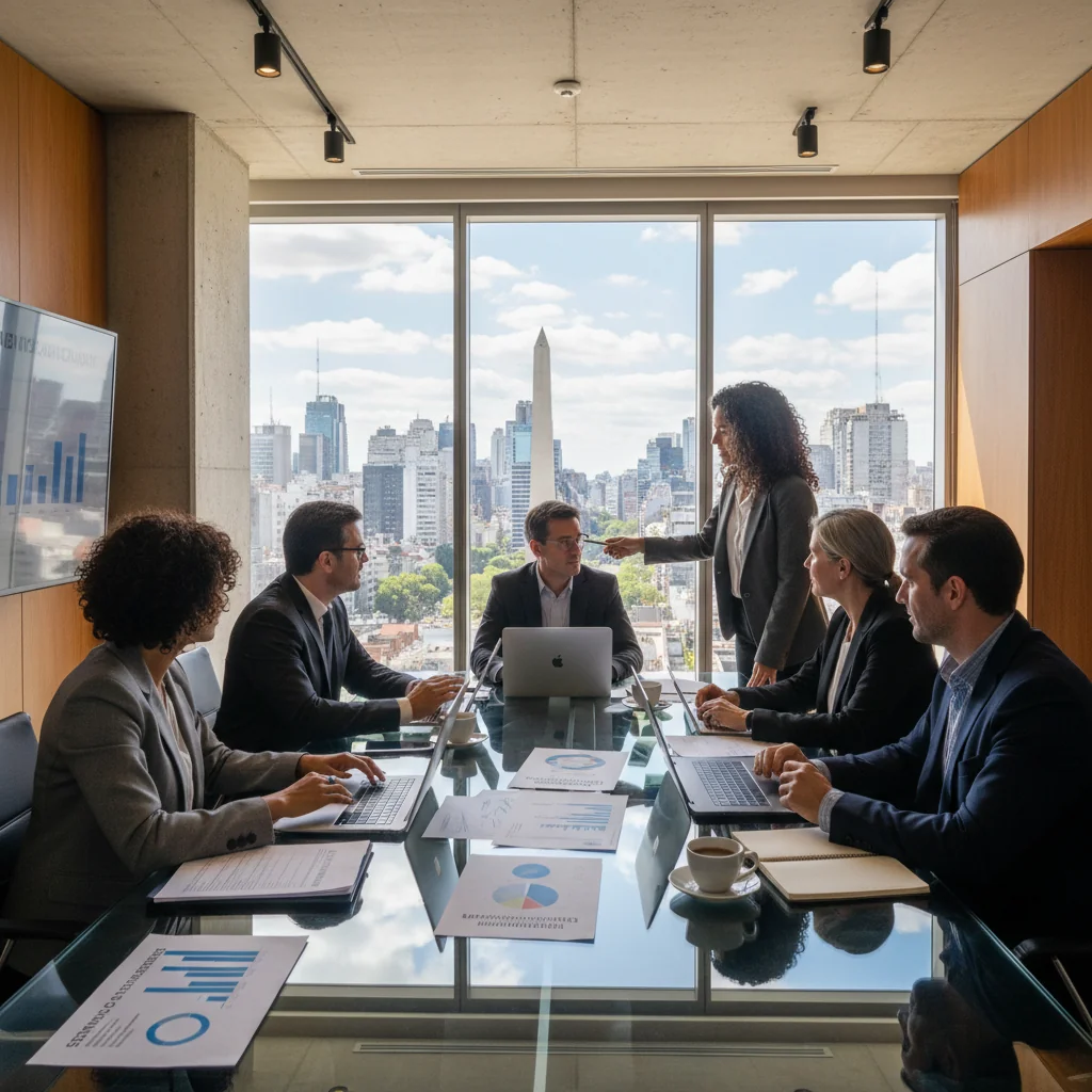 A photorealistic image of a professional business meeting in a modern Argentine corporate office, with adults in business attire discussing standard operating procedures around a conference table, symbolizing organization and efficiency in business operations, no children present.