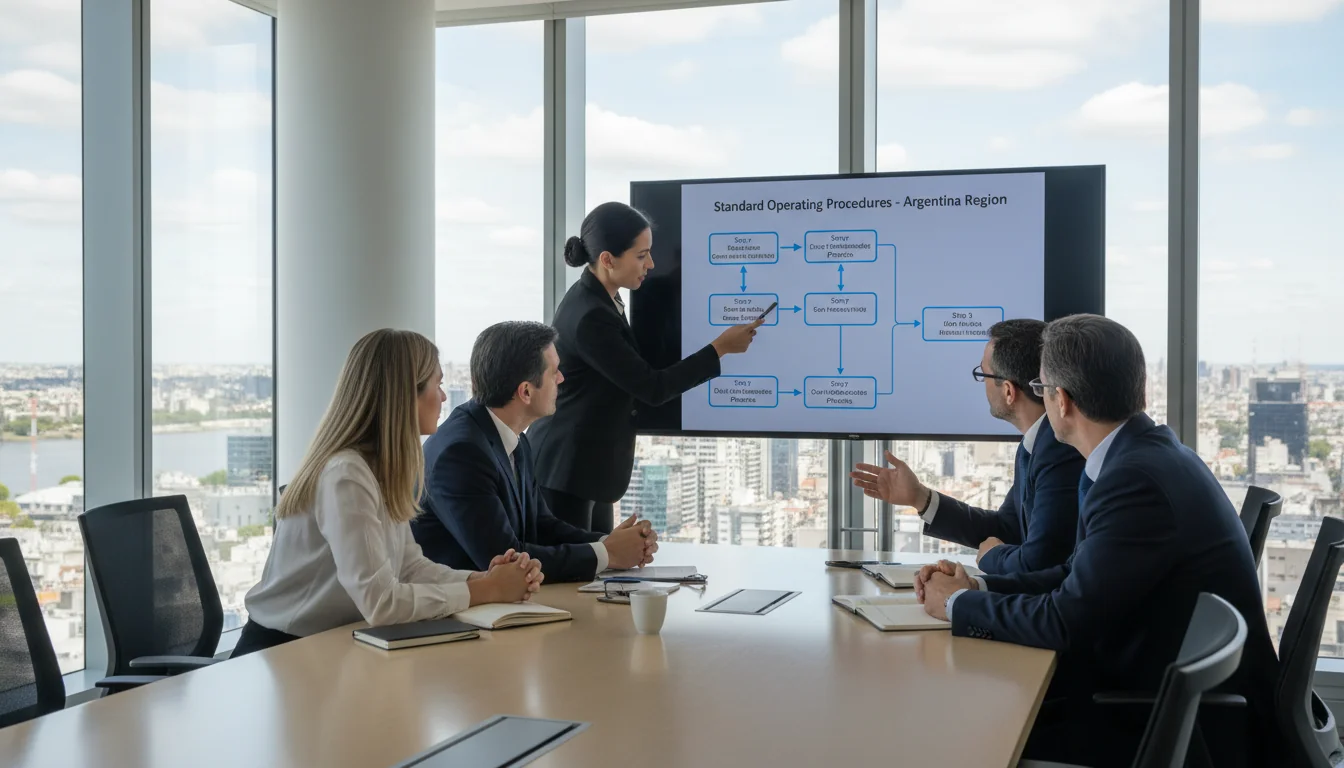 Team discussing operational standards flowchart