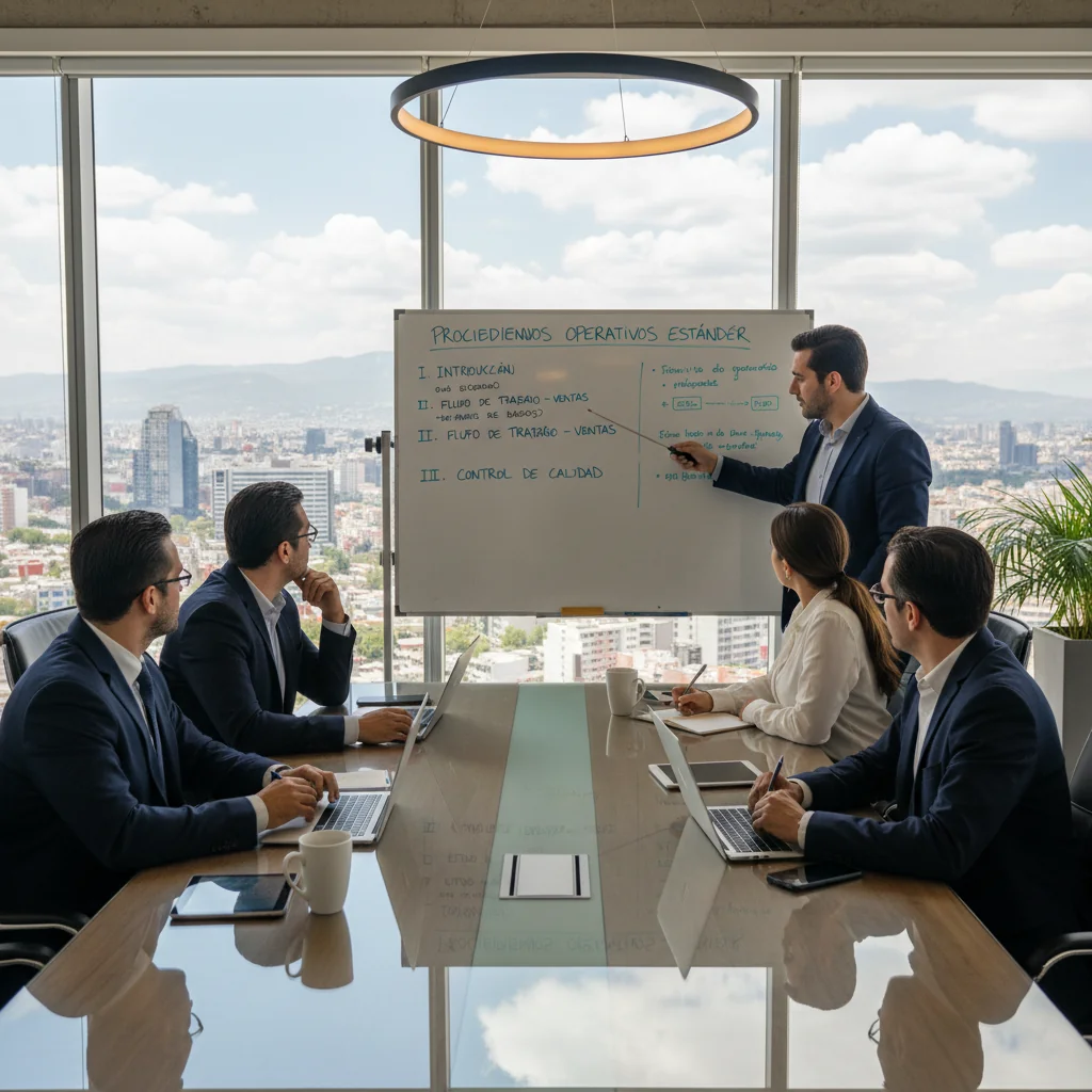 A photorealistic image of a professional business meeting in a modern Mexican corporate office, with diverse adult professionals reviewing standardized operational procedures on a whiteboard, symbolizing efficiency and compliance in business operations, no children present.