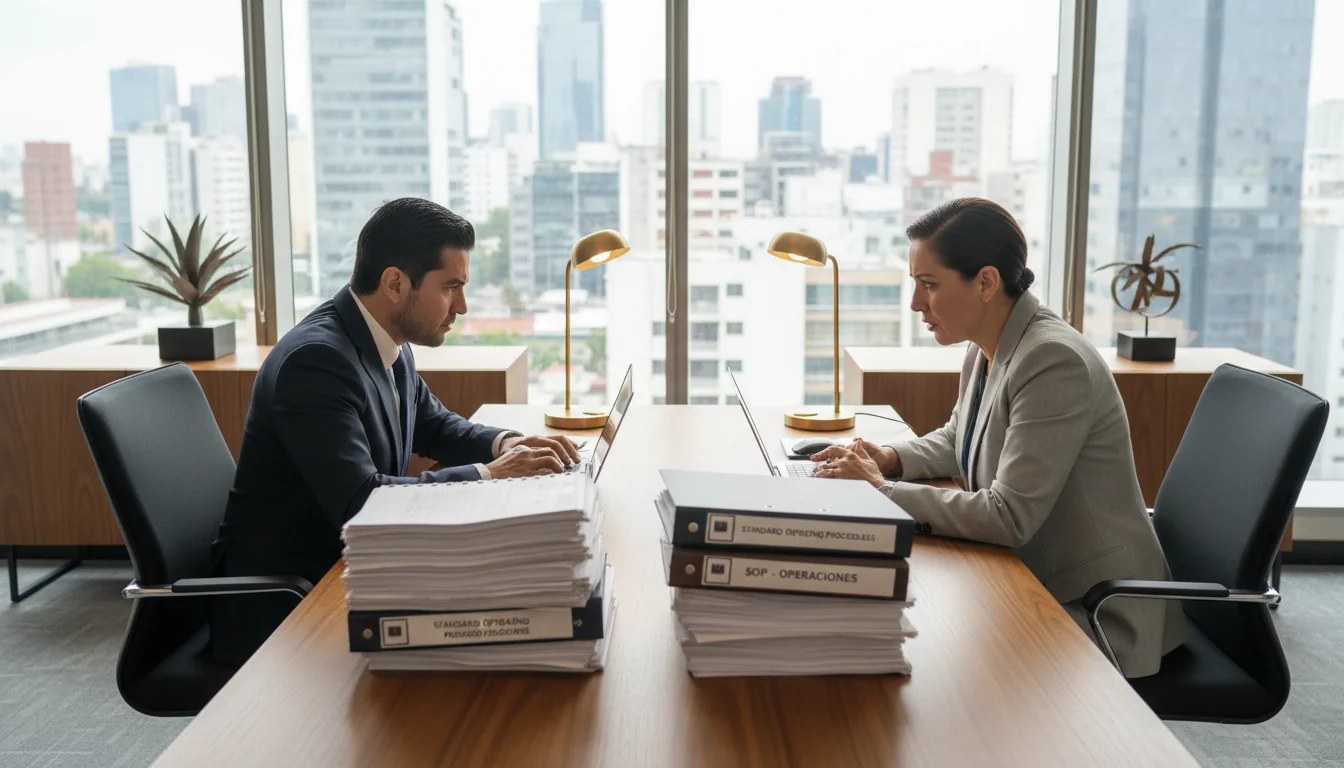 Mexican office workers reviewing SOP documents