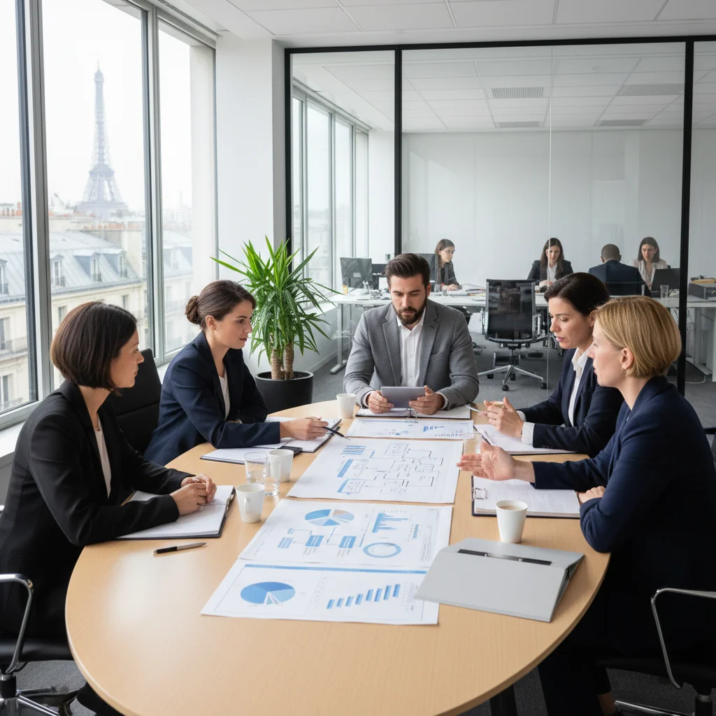 A professional scene in a modern French corporate office, showing a diverse group of adult business professionals in a meeting room, reviewing standard operational procedures on a whiteboard, with elements like a French flag or Eiffel Tower view in the background to evoke France, emphasizing efficiency and compliance in business operations.