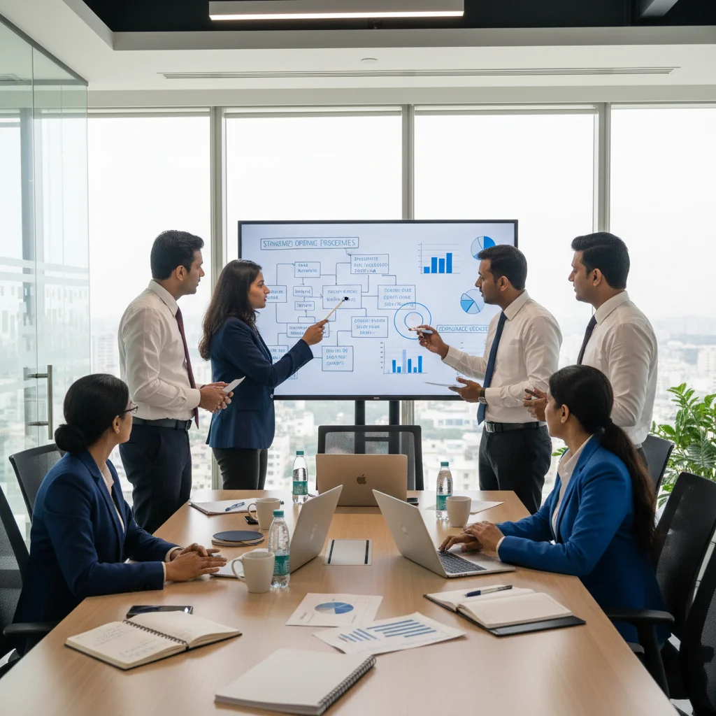 A photorealistic image of a professional business meeting in a modern Indian corporate office, with diverse adult professionals discussing and reviewing standard operating procedures on a whiteboard, symbolizing organized business processes and compliance in India, no children present.