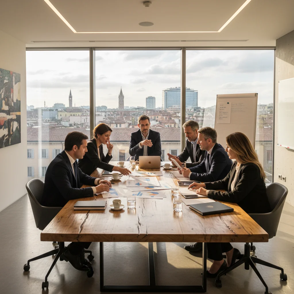 A photorealistic image of a professional business meeting in a modern Italian office, with adults in business attire discussing documents around a conference table, symbolizing standard operational procedures in a corporate environment, no children present.