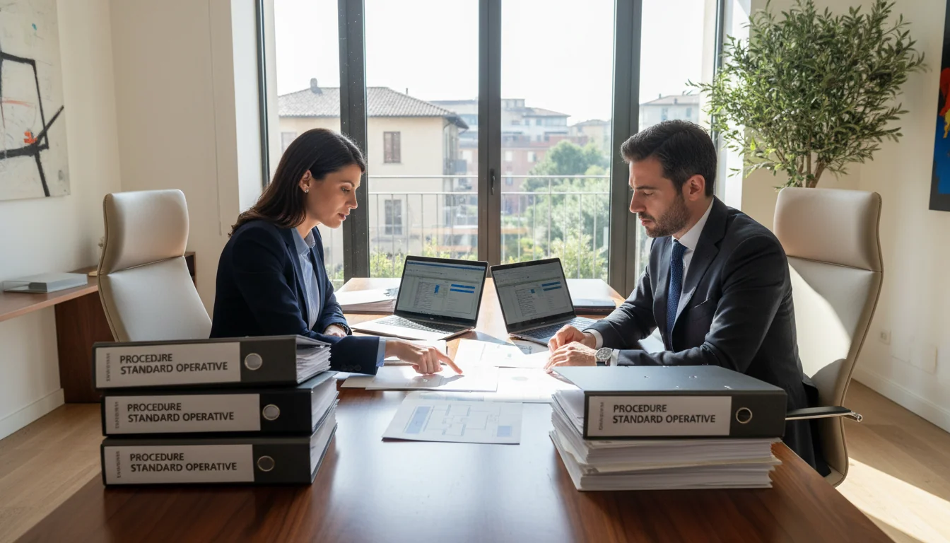 Italian office workers reviewing SOP documents