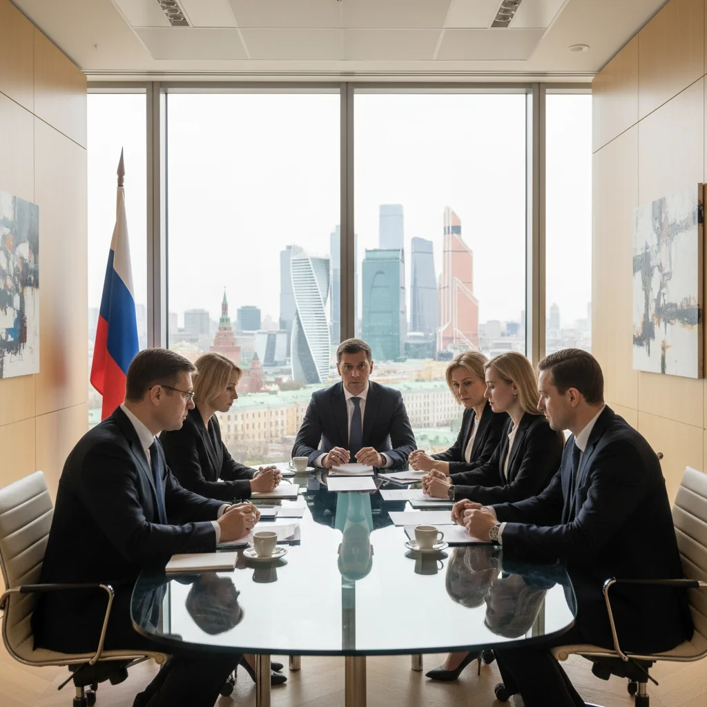 A professional scene in a modern Russian corporate office, showing a diverse group of adult business professionals in suits engaged in a meeting around a conference table, discussing documents without showing any actual papers, emphasizing collaboration and business operations in Russia, photorealistic style.