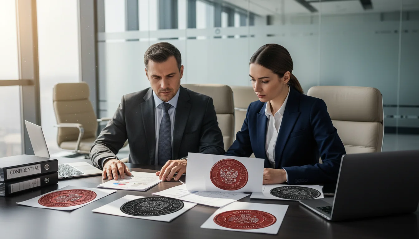 Office workers reviewing Russian docs