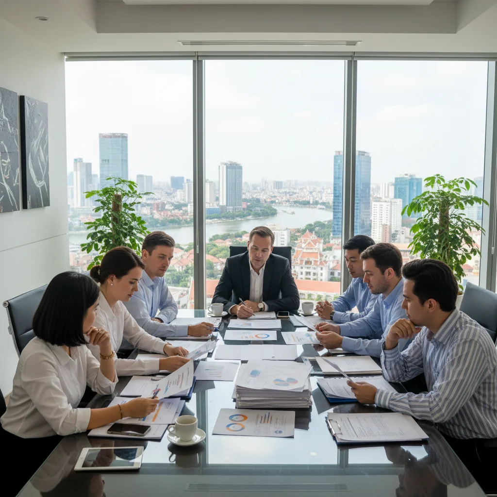 A professional business meeting in a modern Vietnamese office, with adults reviewing documents at a conference table, symbolizing standard corporate document processes in Vietnam.