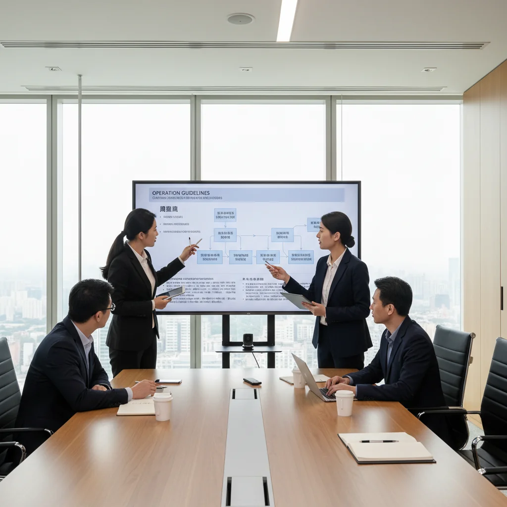 A photorealistic image of a professional business meeting in a modern Chinese corporate office, with diverse adult professionals discussing procedures around a conference table, symbolizing standardized operations in China, no children present.