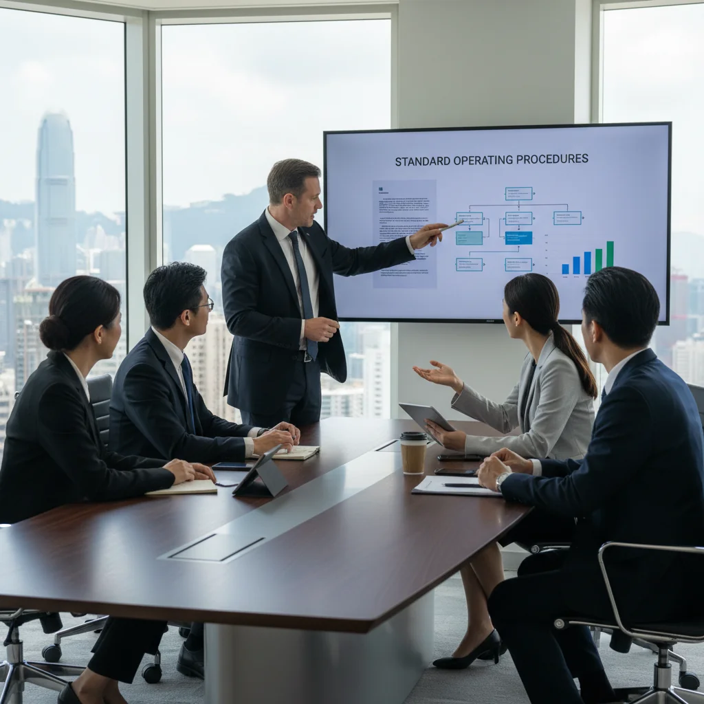 A photorealistic image of a professional business meeting in a modern Hong Kong corporate office, with diverse adults reviewing standard operating procedures on a large screen, symbolizing efficient business operations and compliance in a bustling Asian financial hub.