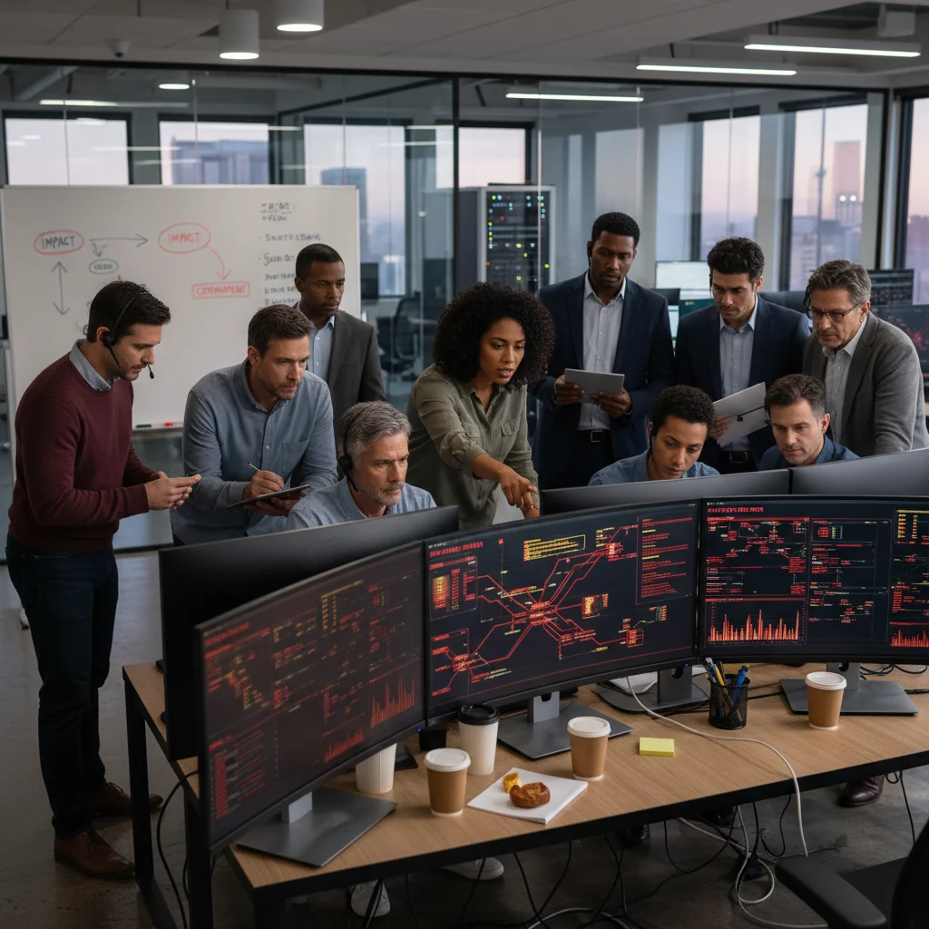 A photorealistic image depicting a professional team in a modern office setting actively responding to a cybersecurity incident. The scene shows diverse adults, including IT specialists and managers, gathered around computer screens displaying alert notifications and data flows, collaborating urgently with focused expressions, symbolizing effective incident response planning and execution.