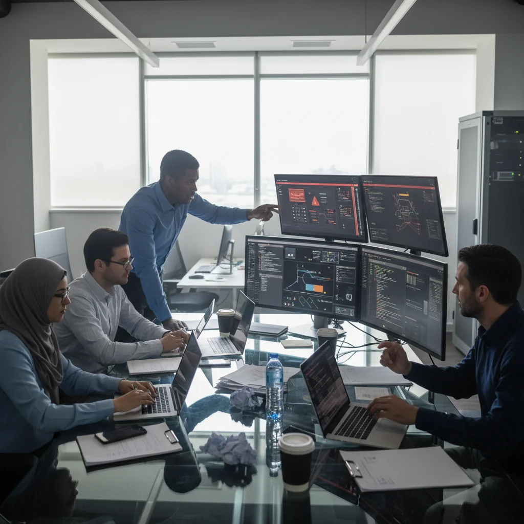 A photorealistic image of a professional team in a modern office responding to a cybersecurity incident, with individuals at computers analyzing data on screens, looking focused and collaborative, conveying preparedness and quick response in a crisis situation.