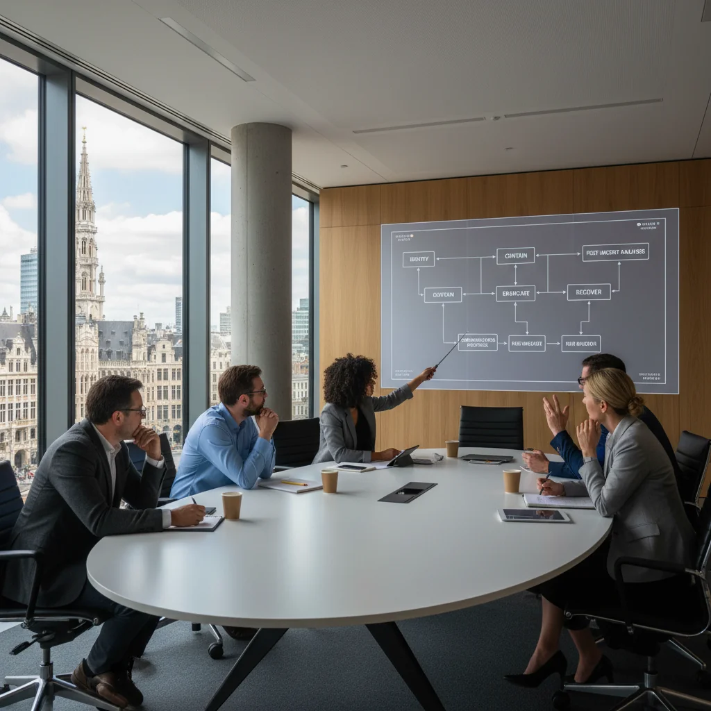 A photorealistic image of a professional team in a modern Belgian office, gathered around a conference table, collaboratively reviewing a crisis response plan on a large screen, with Belgian flag elements in the background, conveying preparedness and efficiency in incident management.